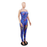 Fake Blue Denim Print Straps Jumpsuit