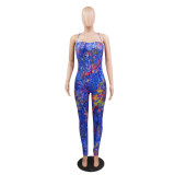 Fake Blue Denim Print Straps Jumpsuit