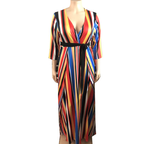 Plus Size Striped V Neck Slit Maxi Dress