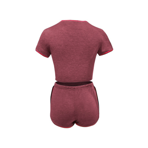 Burgundy Sports T Shirt and Shorts with Contrast Border