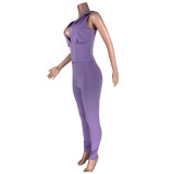 Purple Sleeveless Zipper Hoodie & Pants Set