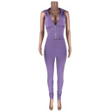 Purple Sleeveless Zipper Hoodie & Pants Set