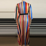 Plus Size Striped V Neck Slit Maxi Dress