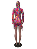 Rainbow Print Zipper Hoodie & Drawstring Shorts Set