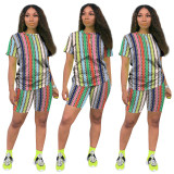 Rainbow Striped Chain Print Tee & Shorts Set