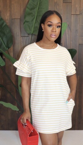 Striped Ruffle Short Sleeve Shirt Dress