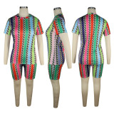 Rainbow Striped Chain Print Tee & Shorts Set