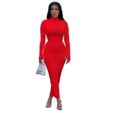 Tie Dye Red Long Sleeve Ruched Long Pencil Dress