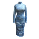 Tie Dye Blue Long Sleeve Ruched Long Bodycon Dress