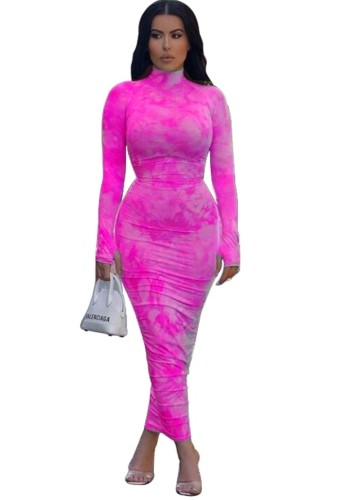 Tie Dye Pink Long Sleeve Ruched Slinky Long Dress
