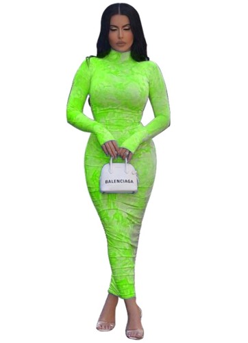Tie Dye Neon Green Long Sleeve Long Bodycon Dress