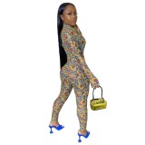 Colorful Dollars Print Long Sleeve Tight Jumpsuit