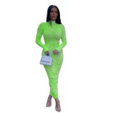 Tie Dye Neon Green Long Sleeve Long Bodycon Dress
