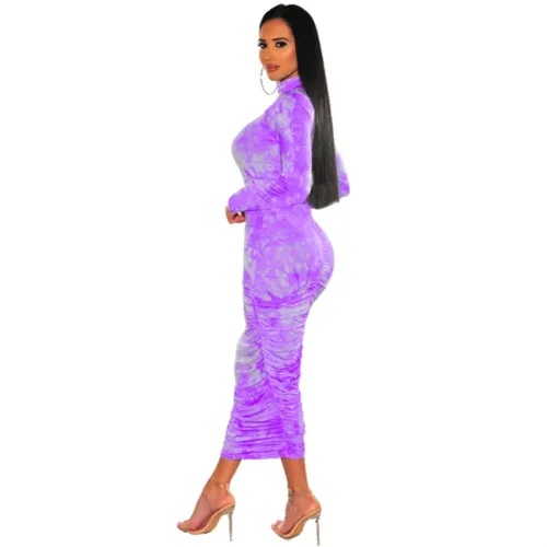 Tie Dye Purple Long Sleeve Ruched Long Pencil Dress