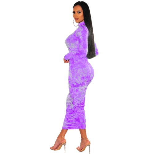 Tie Dye Purple Long Sleeve Ruched Long Pencil Dress