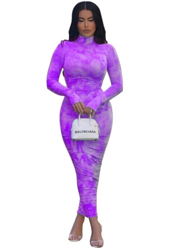 Tie Dye Purple Long Sleeve Ruched Long Pencil Dress