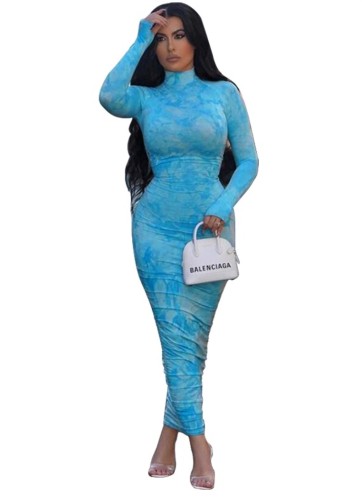 Tie Dye Blue Long Sleeve Ruched Long Bodycon Dress