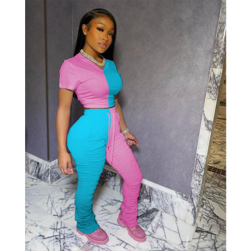 Two Tone V Neck Tee & Ruched Pants Two Piece Set