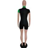 Black & Green Contrast Short Sleeve Bodycon Romper
