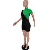 Black & Green Contrast Short Sleeve Bodycon Romper