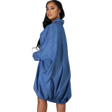 Blue Long Sleeve Buttoned Drawstring Oversize Casual Dress