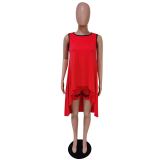 Sleeveless Red Irregular High Low Top & Shorts