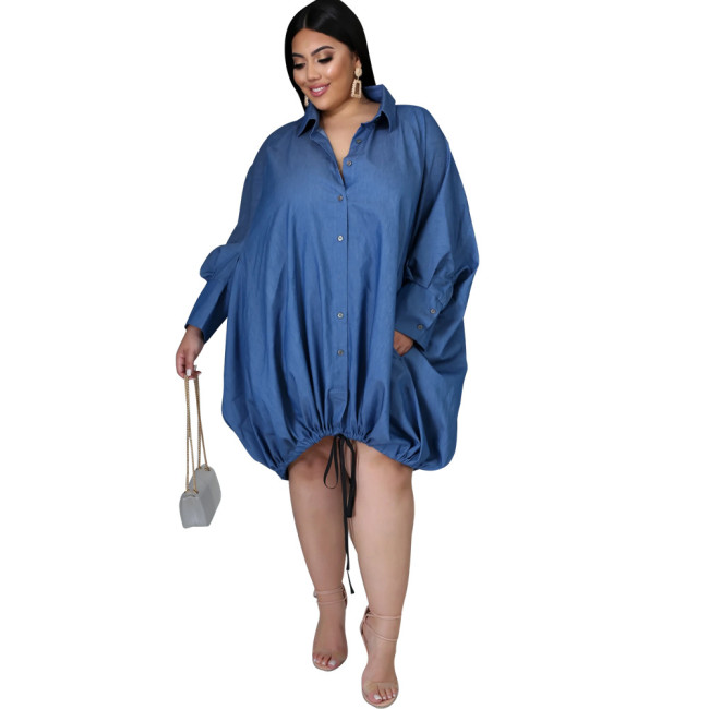 Blue Long Sleeve Buttoned Drawstring Oversize Casual Dress