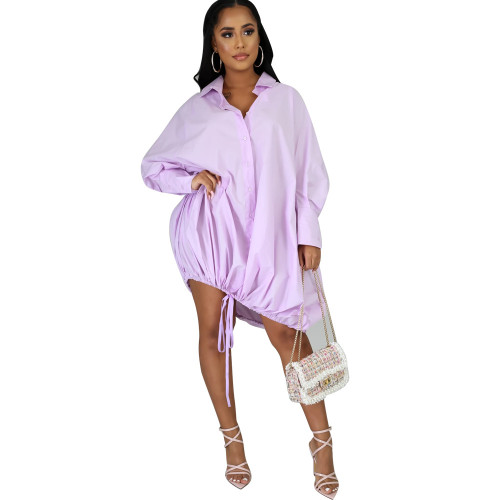 Lilac Long Sleeve Buttoned Drawstring Oversize Casual Dress