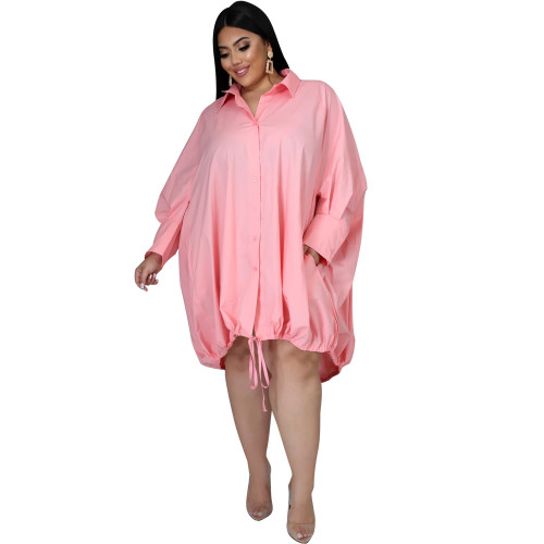 Pink Long Sleeve Buttoned Drawstring Oversize Casual Dress