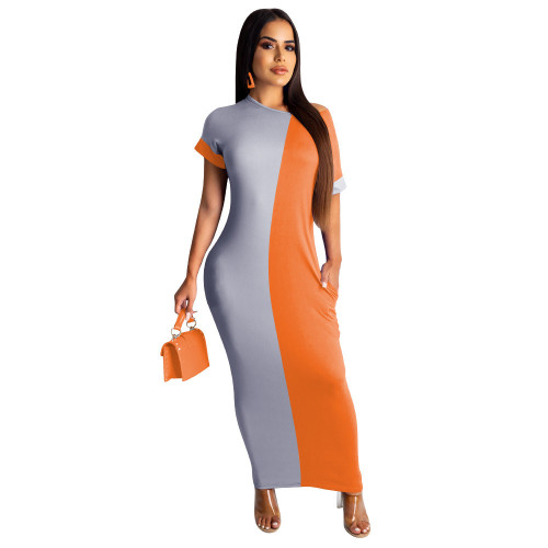 Contrast Short Sleeve Casual Maxi Dress with Pockets