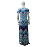 Printed Blue & Purple Short Sleeve Casual Maxi Dress