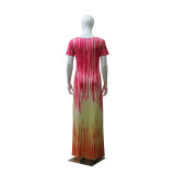Gradient Colorblock Short Sleeve Casual Maxi Dress