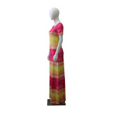 Gradient Striped Short Sleeve Casual Maxi Dress