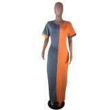 Contrast Short Sleeve Casual Maxi Dress with Pockets
