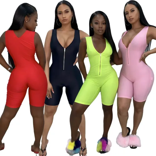 Solid Black Zip Up V Neck Sleeveless Romper