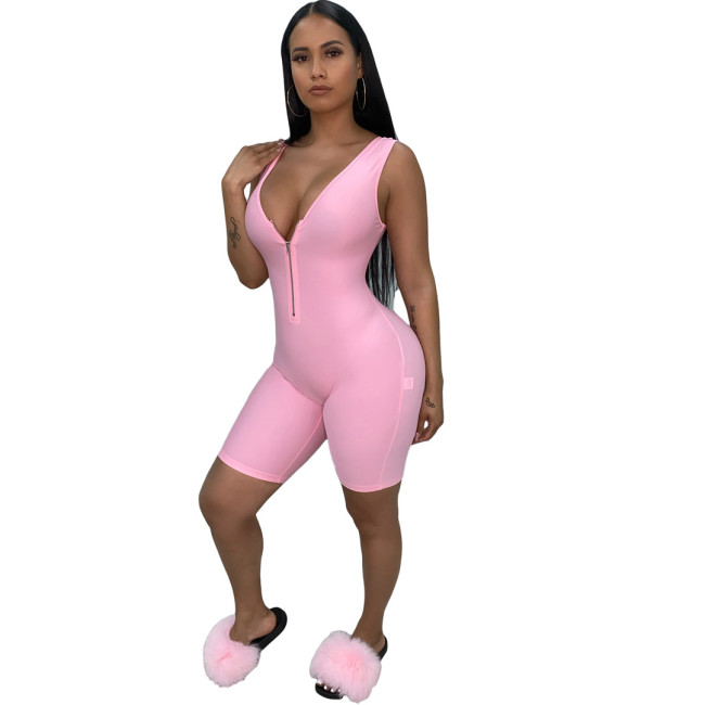 Solid Pink Zip Up V Neck Sleeveless Romper