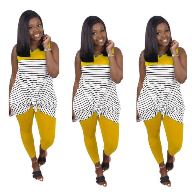 Contrast Striped Yellow Sleeveless Casual Top & Pants