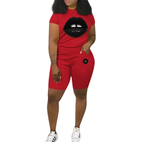 Lip Print Red Two Piece Shorts Set