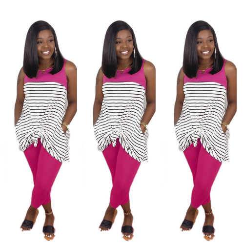 Contrast Striped Hot Pink Sleeveless Casual Top & Pants