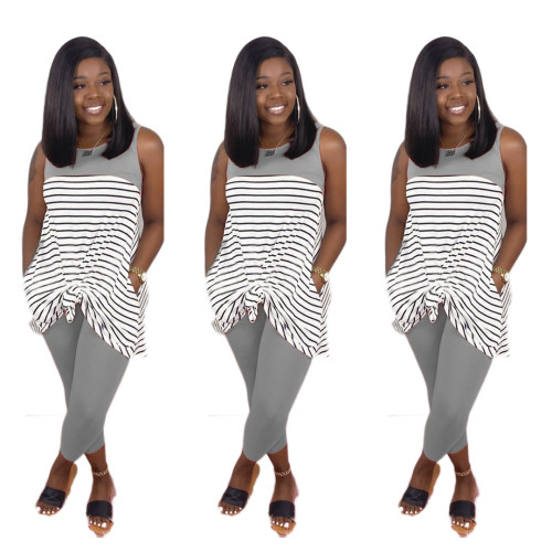 Contrast Striped Gray Sleeveless Casual Top & Pants