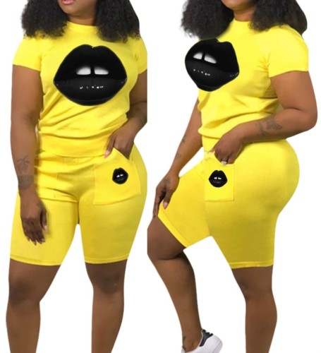 Lip Print Yellow Two Piece Shorts Set