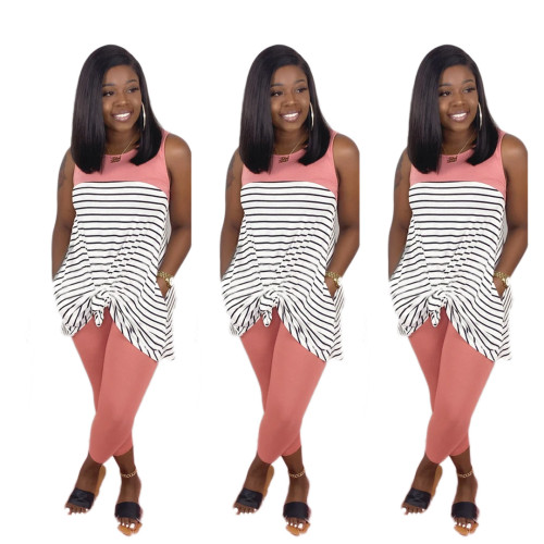 Contrast Striped Pink Sleeveless Casual Top & Pants