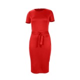 Solid Red Midi Dress with Belt