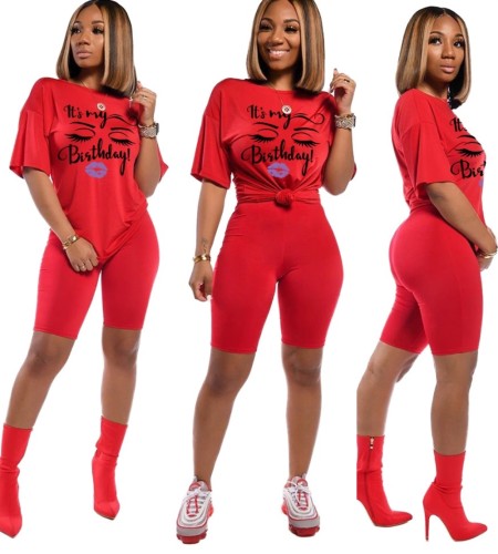 Print Red Tee and Tight Shorts Set