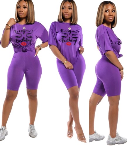Print Purple Tee and Tight Shorts Set