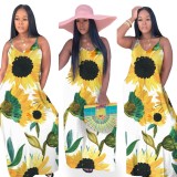 Sunflower Print White Cami Maxi Dress
