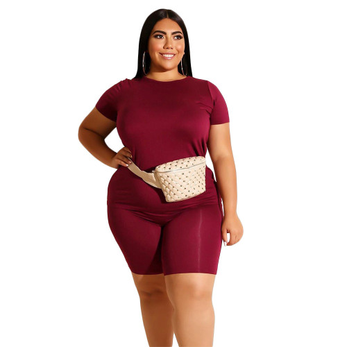 Solid Burgundy Casual Plus Size Shorts Set