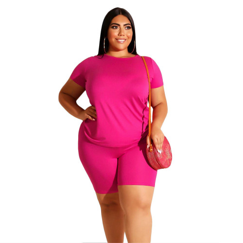 Plain Hot Pink Casual Plus Size Shorts Set