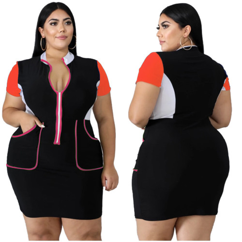 Short Sleeve Zipper Plus Size Bodycon Dress with Pockets