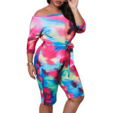 Plus Size Clolorful 3/4 Sleeve Romper with Belt